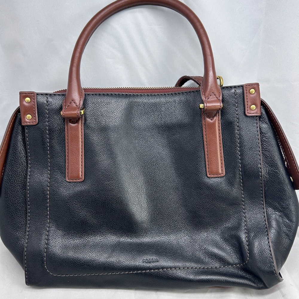 Fossil Black and Brown Leather Satchel with Structured Design